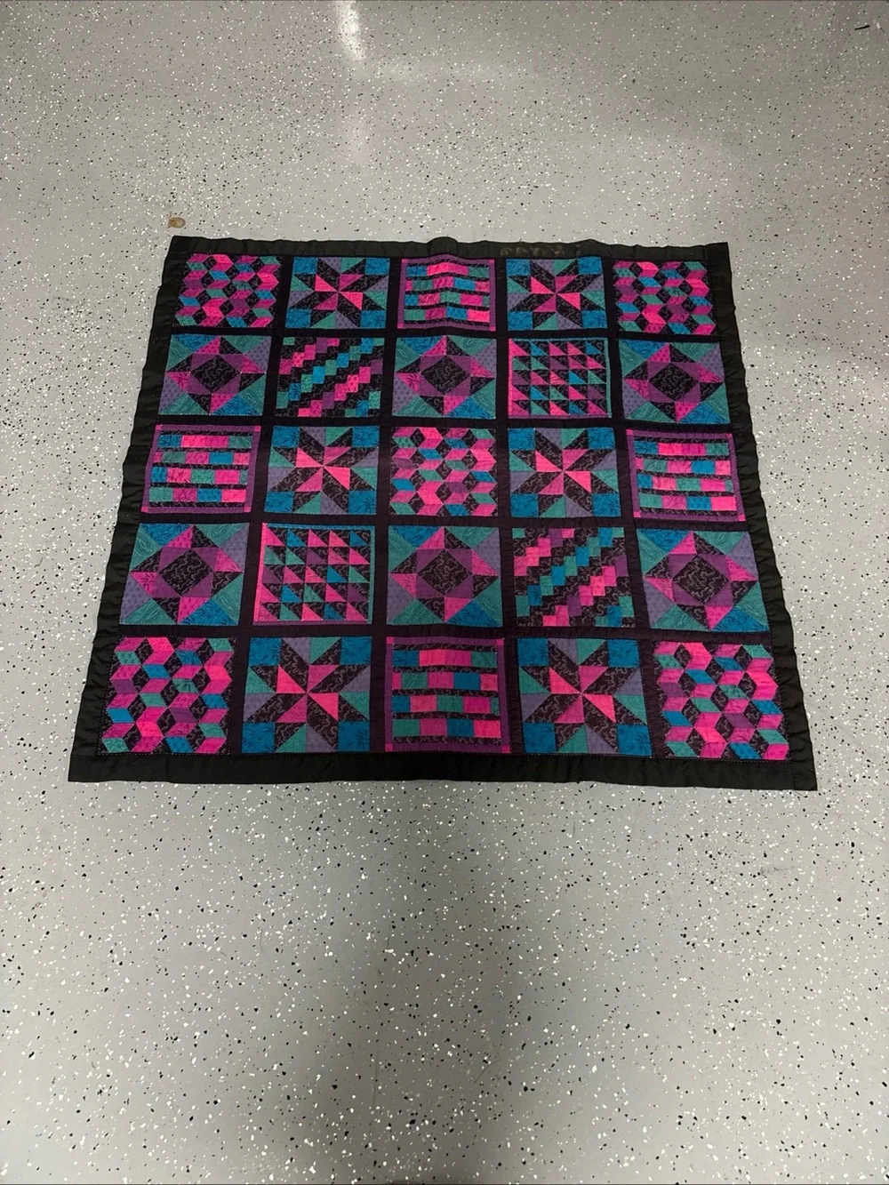 Handmade Hand Quilted Patchwork Quilt in Pink, Teal & Black